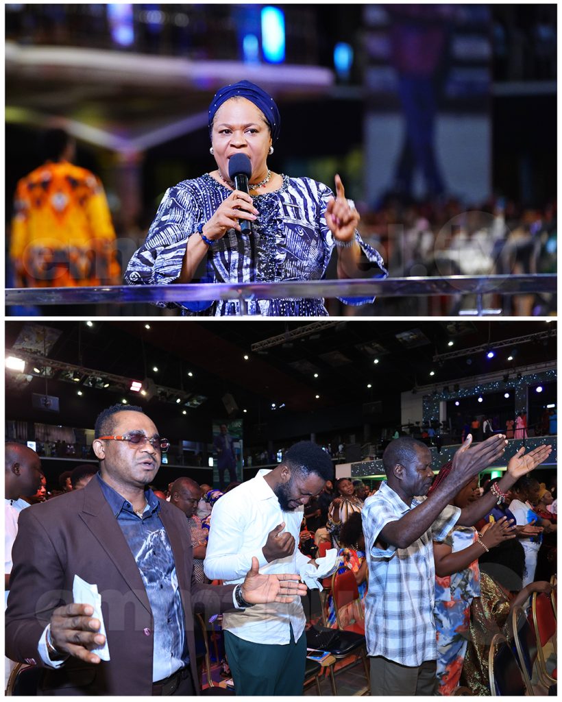 Pastor Evelyn Joshua leading the mass prayer during the SCOAN Sunday Service on the 22nd of June, 2025.
