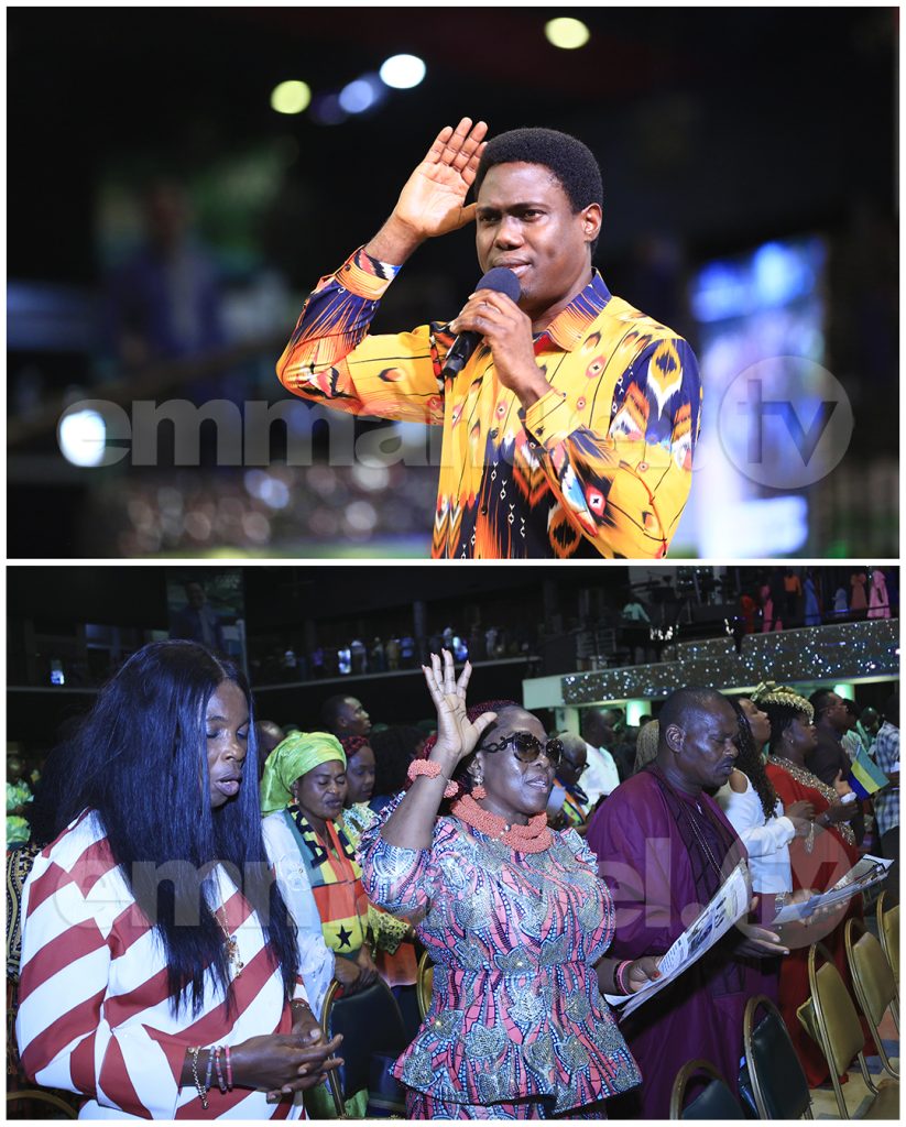 Evangelist Ope leading the mass prayer during the SCOAN Sunday Service on the 22nd of June, 2025.