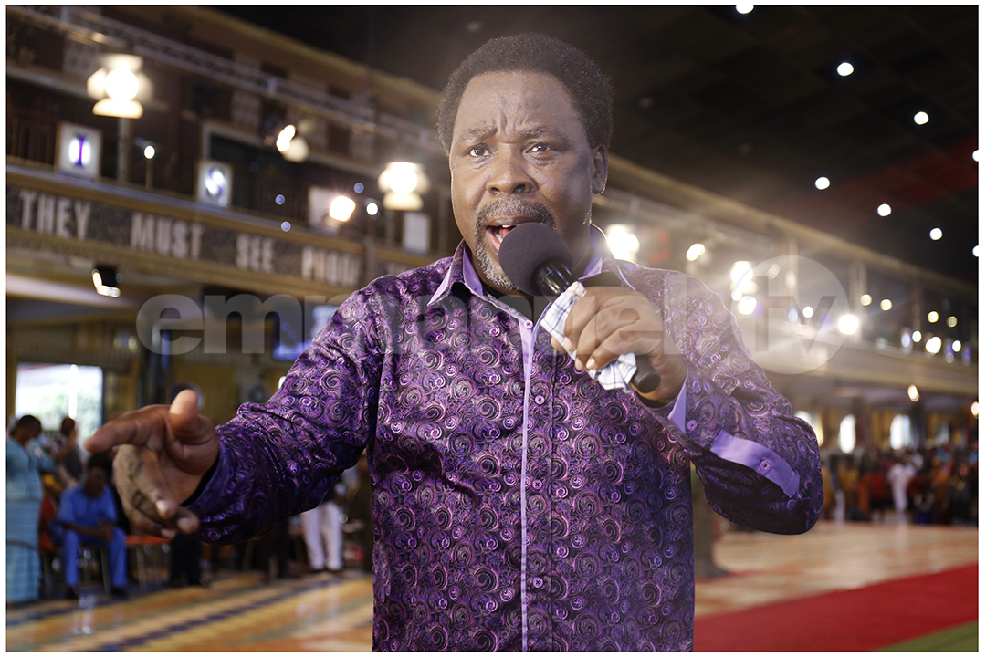 Prophet TB Joshua praying for viewers during a SCOAN Sunday Service