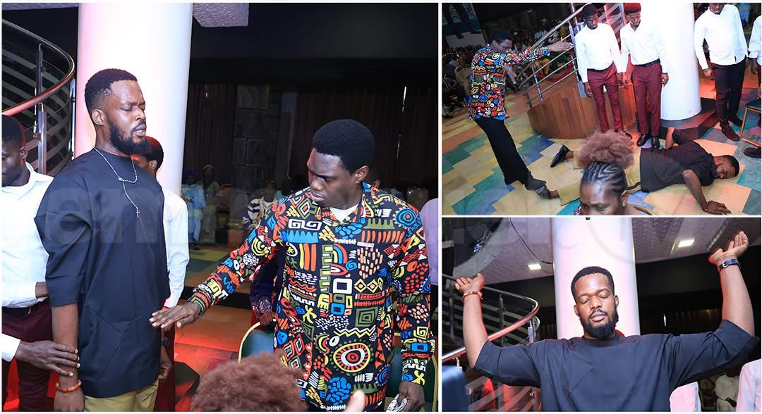 Anthony receiving deliverance from Evangelist Ope